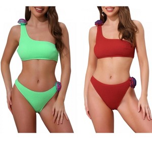 INSPIRE CHIC Women's 3D Rose Floral One Shoulder Ribbed Triangle Bottoms Swimwear Bathing Bikini Suits 2 Sets - 1 of 4