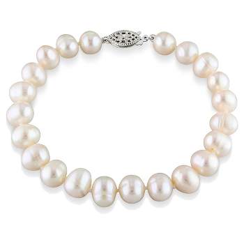8mm Cultured Freshwater Pearl Strung Bracelet with Fisheye Clasp in Sterling Silver - 7.25" - White