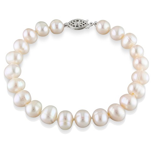 8mm Cultured Freshwater Pearl Strung Bracelet with Fisheye Clasp in Sterling Silver - 7.25" - White - image 1 of 2