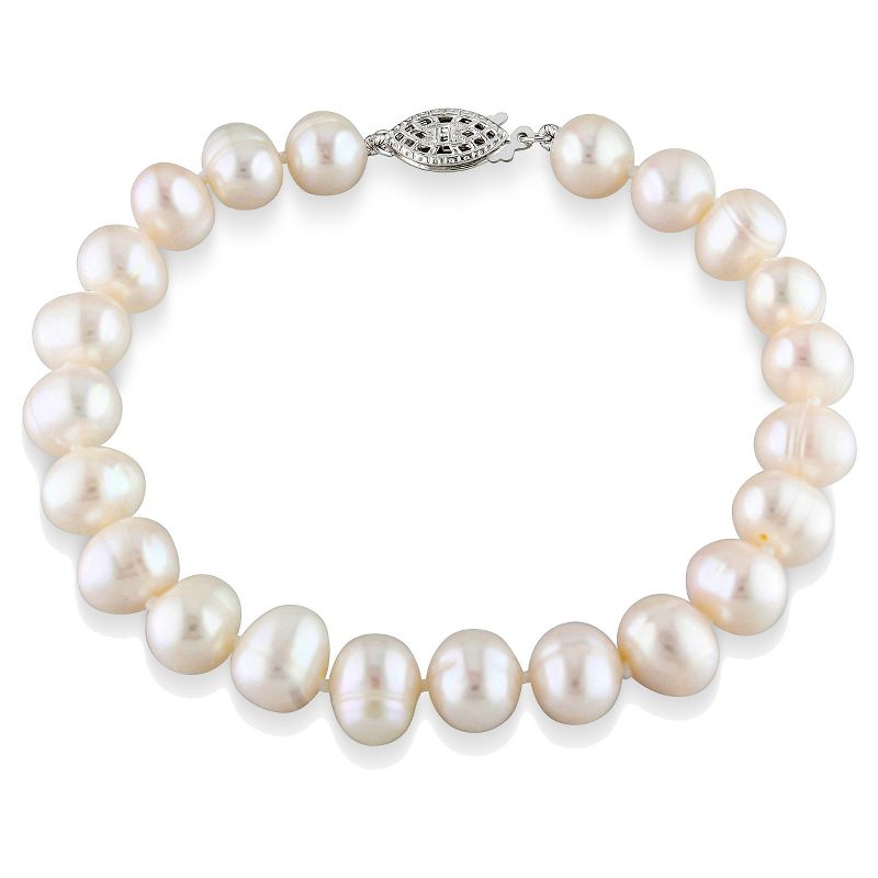 8mm Cultured Freshwater Pearl Strung Bracelet with Fisheye Clasp in Sterling Silver - 7.25&#34; - White, 1 of 4