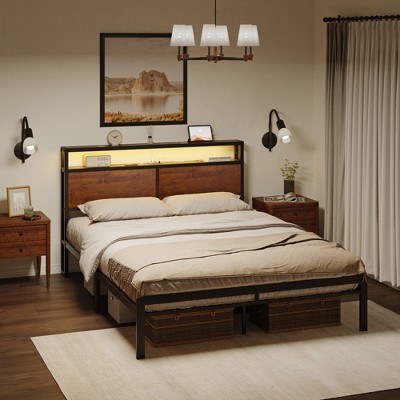 Hausource Modern LED Bed Frame with Headboard-Wood Grain