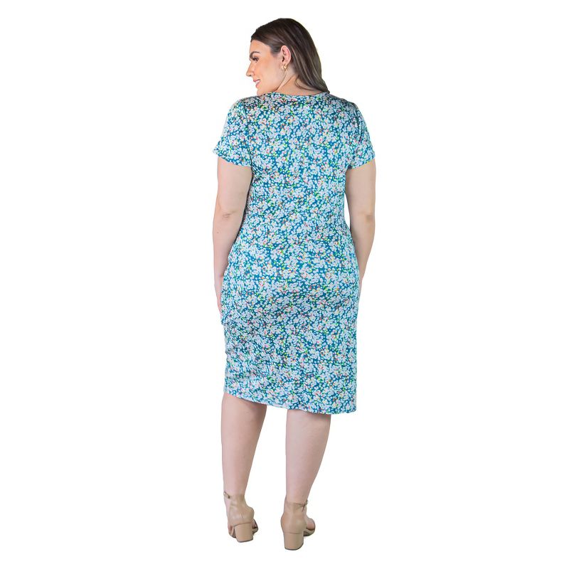 24seven Comfort Apparel Plus Size Teal Mini Flower Print Short Sleeve Knee Length Faux Wrap Dress, 3 of 7