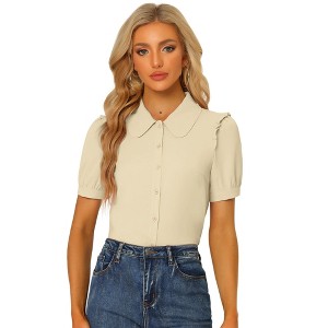 Allegra K Women's Peter Pan Collar Short Sleeve Button Front Work Shirt - 1 of 4