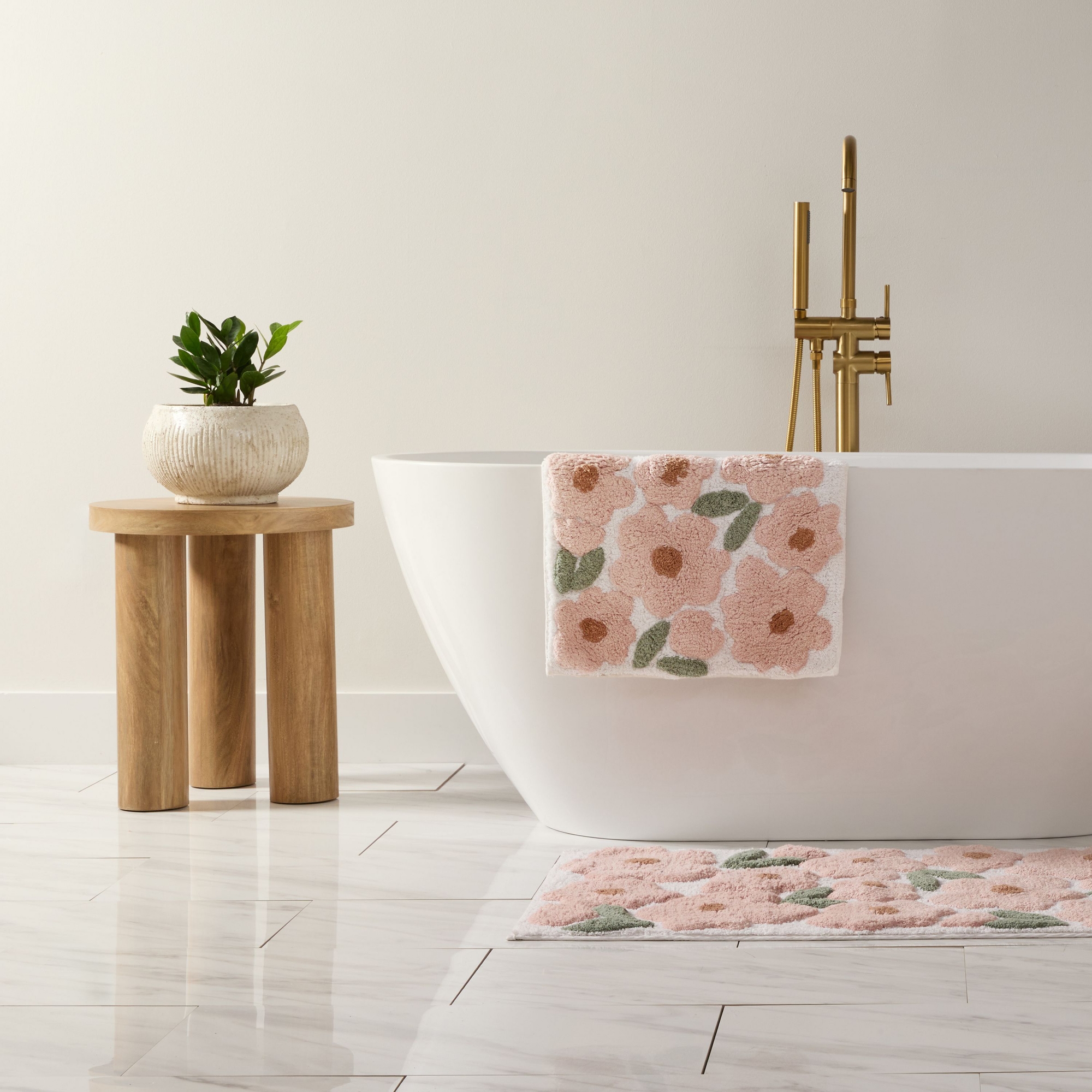 Floral and Geo Patterns Cotton Bath Mat, Tufted Bath Rug, Absorbent Non Slip Bathroom Rug, Washable - Becky Cameron, Blossoms Pink, 24" x 17"