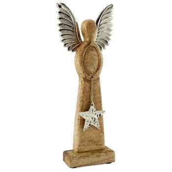 AuldHome Design Wooden Angel Christmas Statue; Farmhouse Holiday Decor Wood and Metal Figurine
