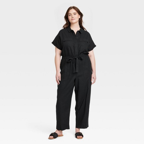 Women's Short Sleeve Linen Boilersuit - Universal Thread™ Black 24 : Target