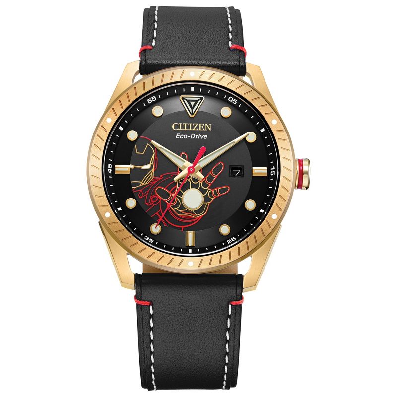 Citizen Marvel Eco-Drive featuring Tony Stark 3-hand Gold IP Black Leather Strap, 1 of 7