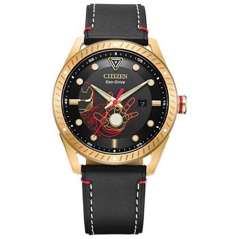 Citizen Marvel Eco-Drive featuring Tony Stark 3-hand Gold IP Black Leather Strap