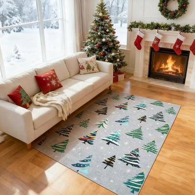 Runner Rug,Washable Rug for Home Decor, Indoor Non Slip Carpet,Soft Low Pile Christmas Rugs with Xmas Tree Motif for Entryway,Living Room,Bedroom