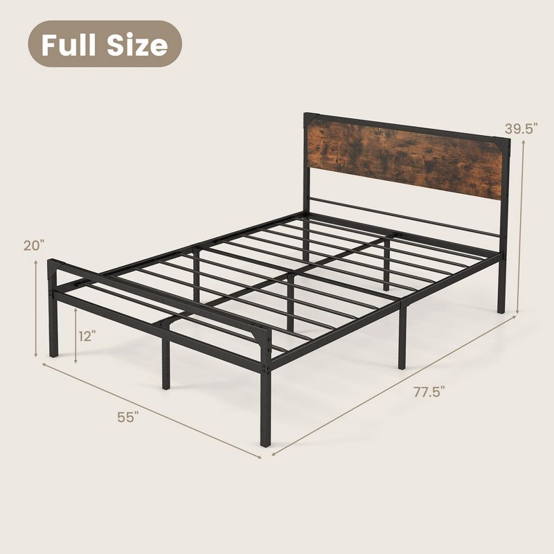 Costway Platform Full/Queen Bed with Rustic Headboard & Footboard Strong Metal Slat Support, 3 of 10