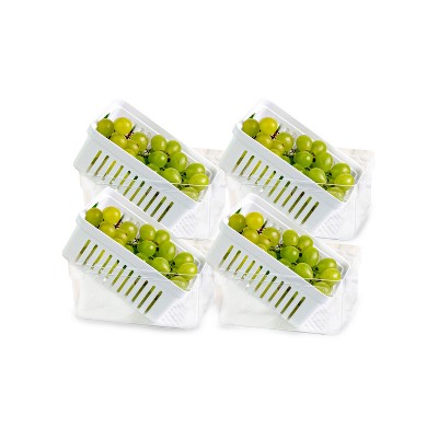 OU Fridge Organizer Bin with Drain Basket & Vented Lid, Clear Stackable Refrigerator Storage Container, Produce Kitchen Storage Bin, BPA Free, 4 Pack