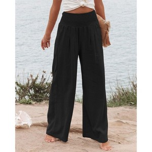 Women Summer High Waisted Cotton Linen Palazzo Pants Wide Leg Long Lounge Pant Trousers with Pocket - 1 of 3