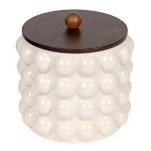 Storied Home Round Stoneware Canister with Raised Dots and Acacia Wood Lid, White and Natural - 1 of 4