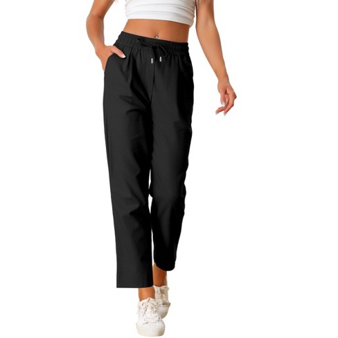 Allegra K Women's Drawstring Elastic Waist Tapered Casual Linen Pants with  Pockets Black X-Small