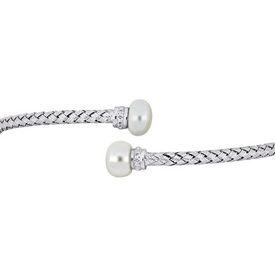 EVERLY JEWELRY | Sterling Silver 7-7.5mm Cultured Fw Pearl & 1/10 CT TGW Cubic Zirconia Weave Bangle, 8 inc