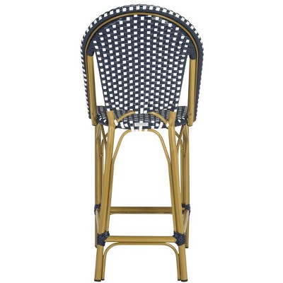 Navy and White French Bistro-Inspired Counter Stool with Wicker Accents