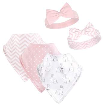 Hudson Baby Infant Girl Cotton Bib and Headband Set 5pk, White Bunny