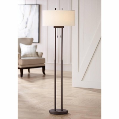Modern Bronze Twin Pole Floor Lamp with Off-White Shade