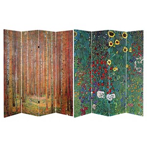 Oriental Furniture Klimt Fine Art Double Sided Room Divider Tannenwald and Farm Garden: 4-Panel, Canvas, Hardwood Frame - 1 of 3