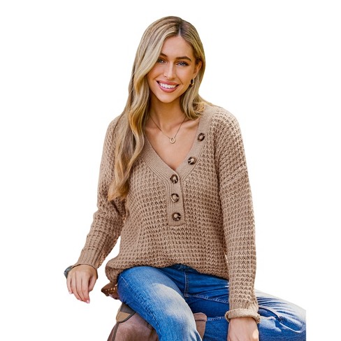 Women's Taupe V-Neck Cozy Knit Pullover Sweater - Cupshe - image 1 of 4