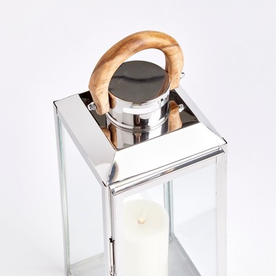 Chrome and Teak Outdoor Hanging Candle Lantern