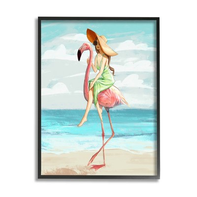 Stupell Industries Beach Woman Riding Pink Flamingo Tall Tropical Bird