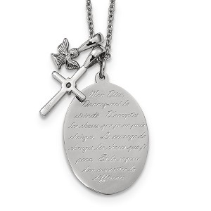 Chisel Stainless Steel Polished French Serenity Prayer with Cubic Zirconia Cross and Angel Pendants on an 18" Plus a 2" Extension Cable Chain Necklace - 1 of 4