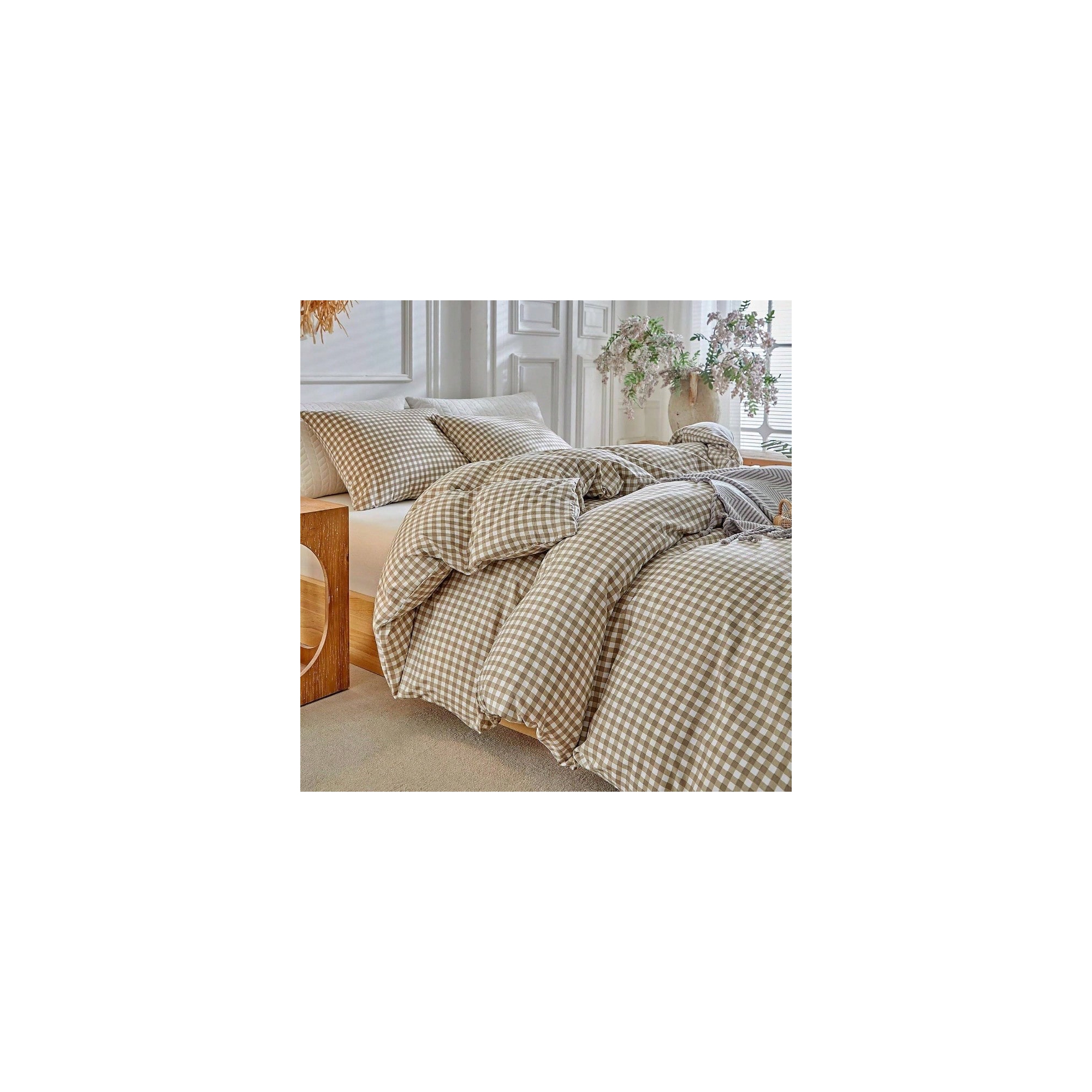 Tan Gingham Duvet Cover Set Queen Size 90"x90", Soft Reversible Plaid Microfiber Bedding 3 Piece Beige Queen