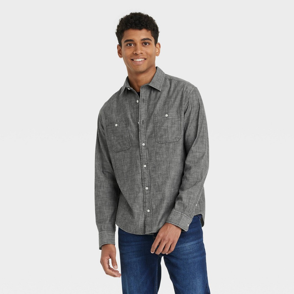Men's Long Sleeve Denim Button-Down Shirt - Goodfellow & Co Black Wash L: Chambray, Front Pocket