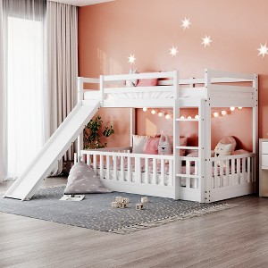 Whisen Twin Over Twin Bunk Bed & Bed Frame with Slide and Ladder, Full-length Guardrail, Solid Wood Frame - 1 of 4