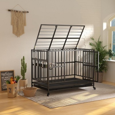 LAOTIES Heavy Duty Dog Crate with Air Lift Top,Adjustable Feeder,Lockable Wheels And Removable Tray