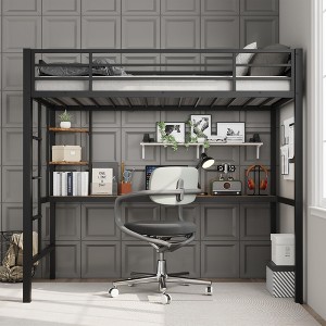 Twin Size Loft Bed with Large Desk and Storage Shelves, Metal Loft Bed with Safety Guardrail and Ladder for Kids and Adults, Space Saving - 1 of 4