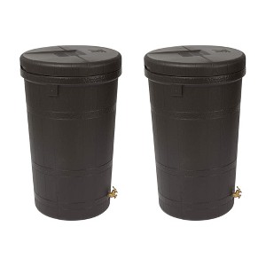 Good Ideas Aspen 50 Gallon Capacity Rain Barrel Water Storage Collector Saver with Brass Spigot and Removable Lid, Oak Brown (2 Pack) - 1 of 4