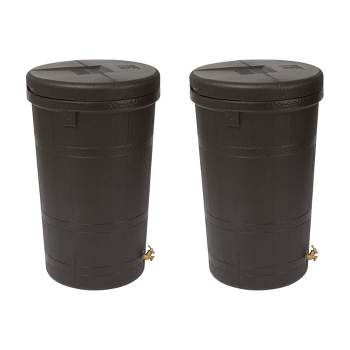 Good Ideas Aspen 50 Gallon Capacity Rain Barrel Water Storage Collector Saver with Brass Spigot and Removable Lid, Oak Brown (2 Pack)
