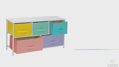 Medium Wood and Black Fabric 5-Drawer Storage Dresser