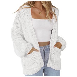 Coolmee Women's Open Front Chunky Knit Cardigan Loose Lantern Long Sleeve Oversized Sweater Coats with Pocket - 1 of 4