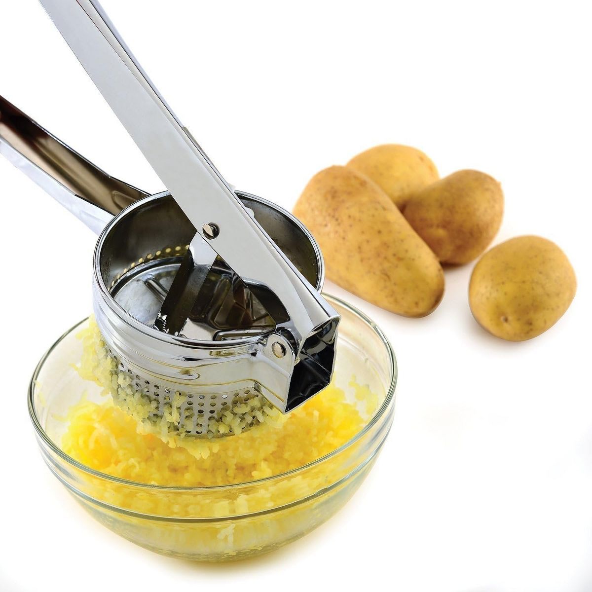 Norpro Chrome Finish Potato Ricer - 20oz Capacity- Fits Over Pots and Bowls for No Mess Use - thumbnail 2