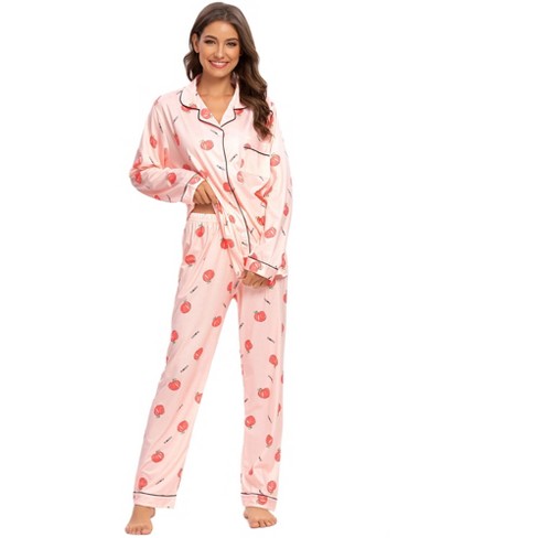 cheibear Womens Sleepwear Lounge Cute Print Nightwear with Pants Long  Sleeve Pajama Set Light Pink Large