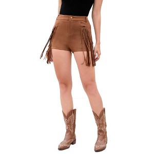Women's Fringe Trim Faux Suede Shorts 70S Hippie Cowgirl Hight Waist Tassle Bottom - 1 of 4