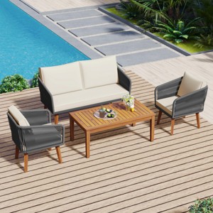 4-Piece Woven Rope Patio Conversation Set, Outdoor Garden Sofa with Solid Wood Loveseat, 2 Chairs and Table – Maison Boucle - 1 of 4