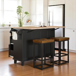 Farmhouse Kitchen Island Set with Drop Leaf,Storage Cabinet,Drawers, Towel Rack and 2 Stools, Dining Table Set with Adjustable Shelf, Kitchen Cabinets - 1 of 4