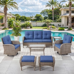 Outdoor 3-Seat Sofa Swivel Chair Table with Ottomans - 1 of 4