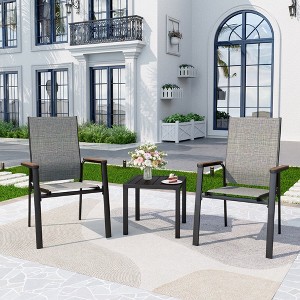 Captiva Designs 3pc Outdoor Patio Dining Steel Table & Gray Wood-look Arm Textilene Sling Chairs - 1 of 4
