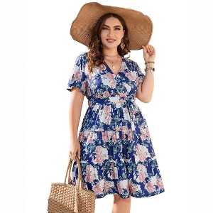 Plus Size Women's V Neck Short Sleeve Dress with Belt Flowy Casual Summer Day Dress - 1 of 4