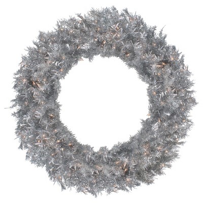 Northlight 36" Pre-Lit Silver Tinsel Artificial Christmas Wreath, Clear Lights