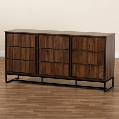 Neil Walnut Brown and Black Metal 3-Door Dining Sideboard
