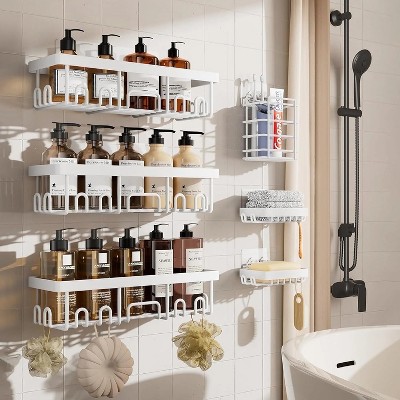 LunaLulinlk Adhesive Shower Shelves 6-Pack, Large Bathroom Organization and Storage, No Drilling Wall-Mounted Baskets, White
