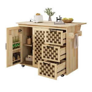 LunaLulinlk 53.2"W 3D Woven Checkerboard Pattern Design Kitchen Island with Drop Leaf, Rolling Kitchen Island on Wheels with Internal Storage Rack - 1 of 4