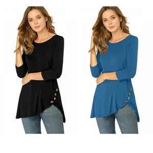 Allegra K Women's 3/4 Sleeve Round Neck Button Decor Casual Stretchy Tunic Tops 2 Packs - 1 of 4