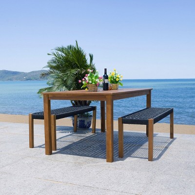 Natural Acacia and Black Woven Rattan 4-Person Patio Dining Set